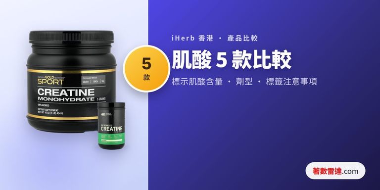 iHerb肌酸5款比較:一水肌酸粉、膠囊、鹽酸肌酸及軟糖嘅標示含量與標籤注意事項