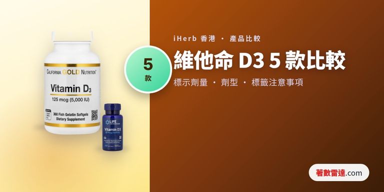 iHerb 維他命 D3 5 款比較：軟膠囊、咀嚼片及滴劑的標示劑量與標籤注意事項