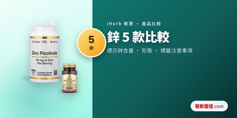 iHerb鋅5款比較：標示鋅含量、鋅嘅形態、劑型及標籤注意事項